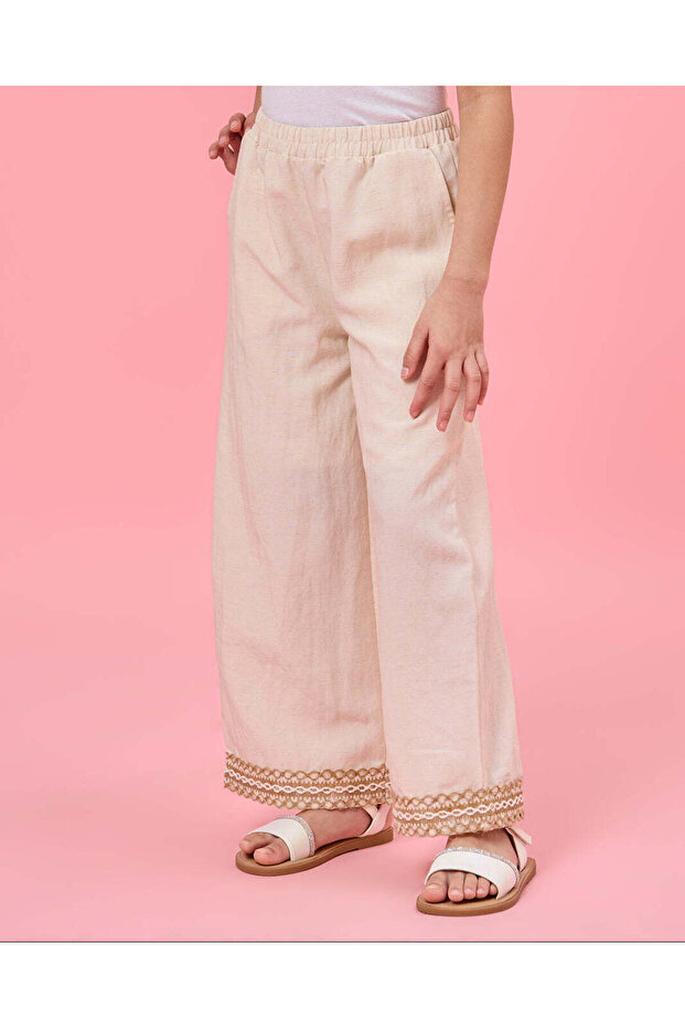 Girls Beige Wide Leg Linen Pants