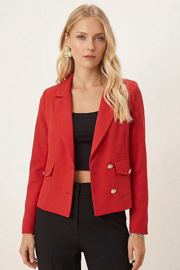 Women's Red Men's Collar Square Pocket Crop Jacket Arm-26K001026