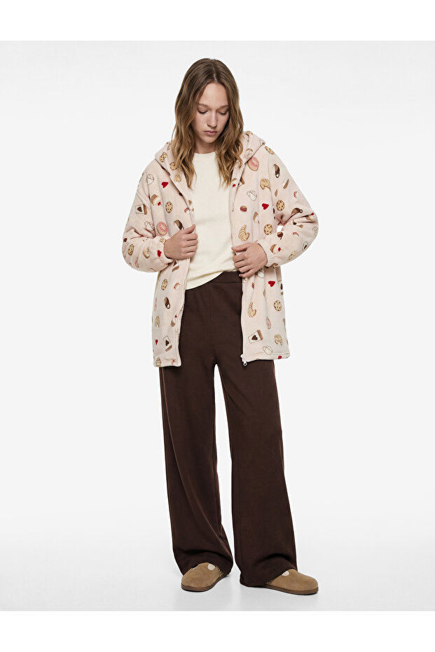 Hooded Long Sleeve Printed Zippered Oversize Robe