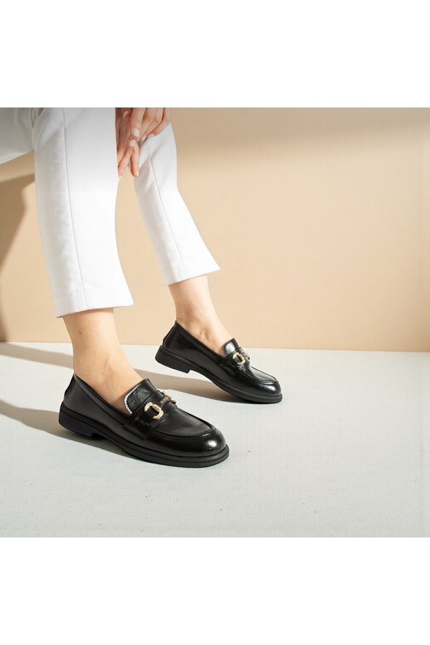 Neo Black Buckle Detailed Women's Loafer Shoes - 3 cm Thermo Sole