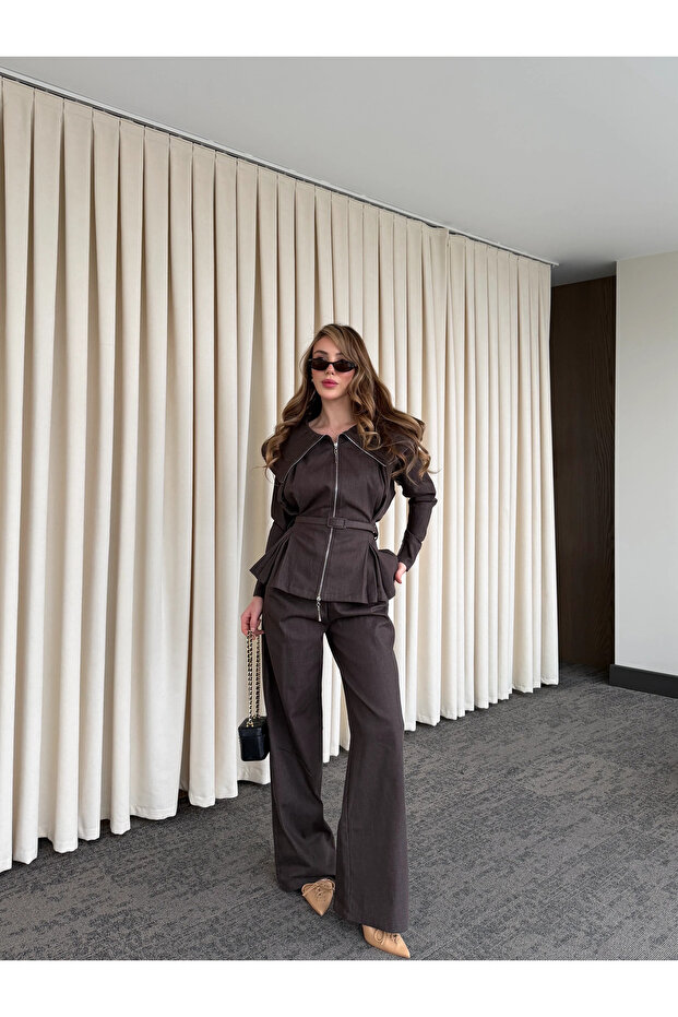 Brown Design Denim Set - 8002