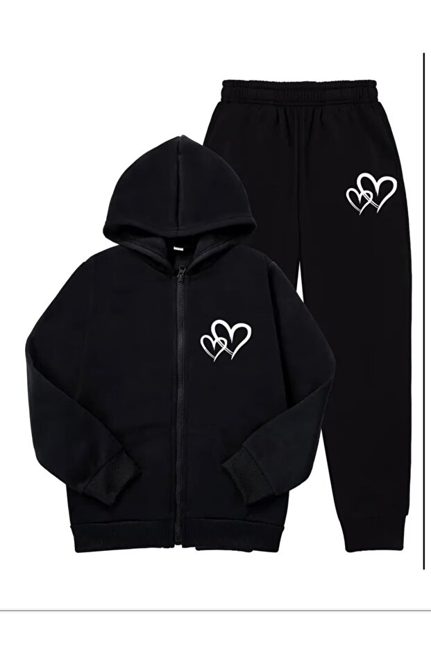 Hooded Zippered Double Heart Printed Embossed Sweatshirt Cardigan-Sweatpants Set