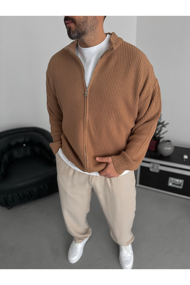 Açık Kahve Fermuarlı Triko Örme Hırka JJ-181 - 2