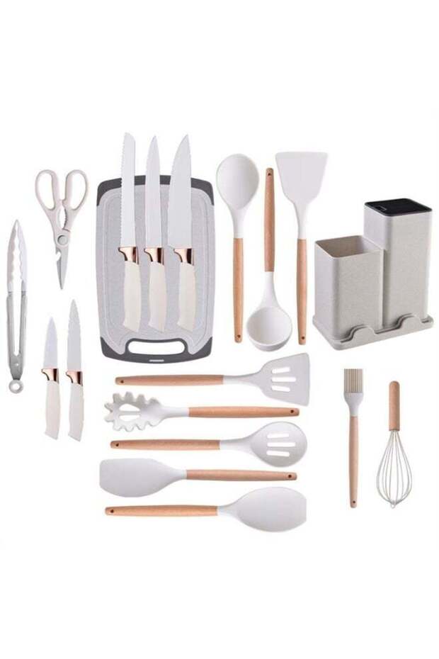 Premium Home Kitchen Essentials Display With Coordinated Utensil 19Pcs Set, Soft Pastel Tones, Woode