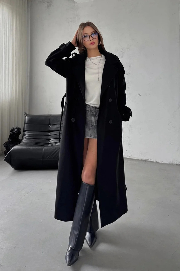 Black Belted Buttoned New Season Lined Premium Quality Comfortable Fit Women's Cashmere Coat 2026