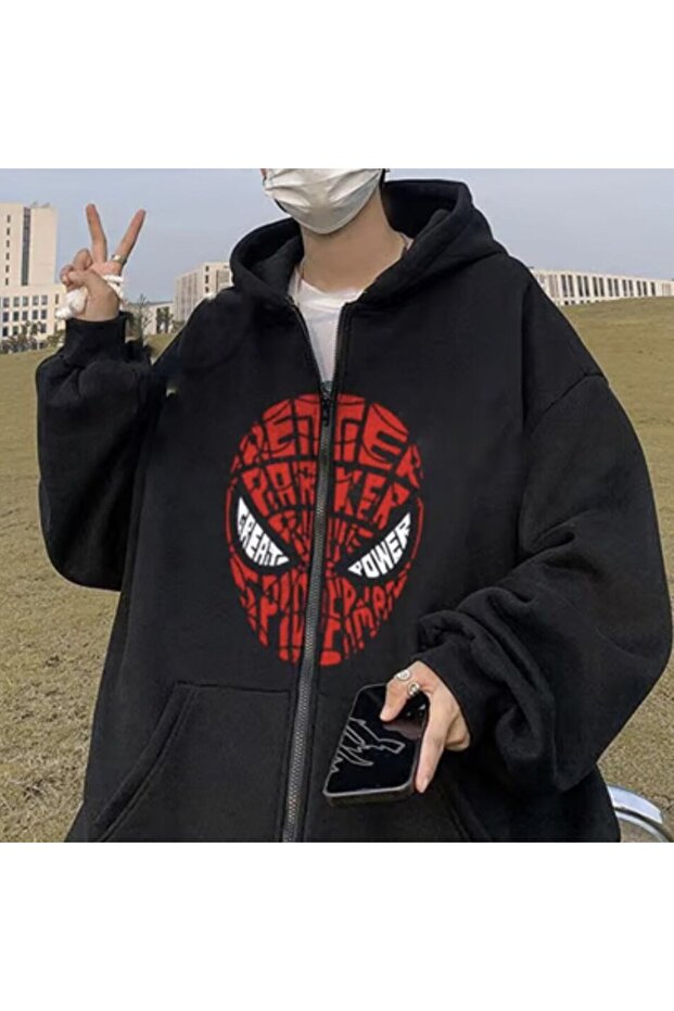 Printed Oversize Zippered Black Unisex Hooded Cardigan