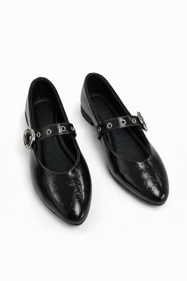 Victoria Shiny Patent Leather Black Buckle Women's Ballerinas – Casual Stylish Mary Jane Shoes