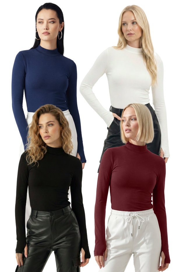 Women's 4-Piece Black White Burgundy Indigo Finger Detail Semi-Turtleneck Blouse Opportunity Package