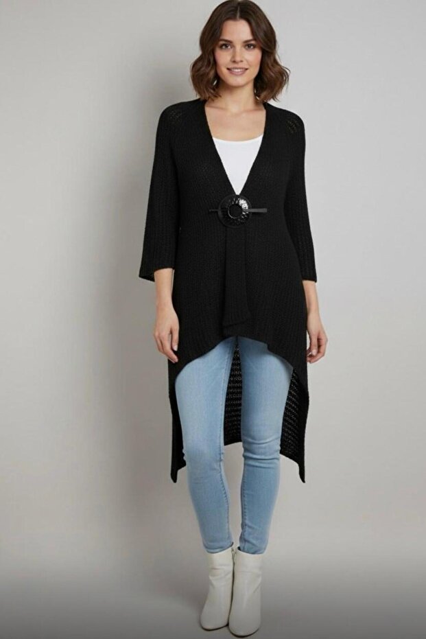 Buckle Detailed Laser Openwork Knitwear Cardigan, Suitable for Size 36/42