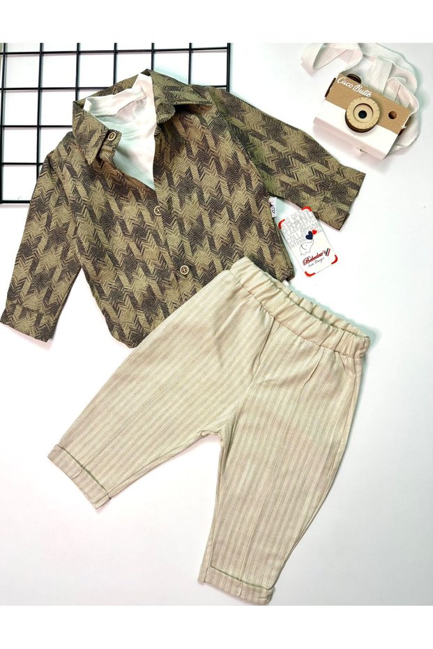 Baby Boy Hawaiian Shirt T-Shirt Linen Pants 3-Piece Set Khaki-Beige