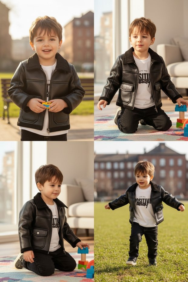Canöz 3689 Boy's Leather Coat, Sweater, Pants 3-Piece Set, Leather Suede Detailed, Suede Lining, 1-4 Years Old