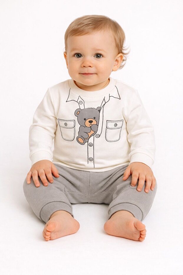 Baby Boy Teddy Bear Printed Pocket Striped Long Sleeve Top and Bottom Set 100% Cotton
