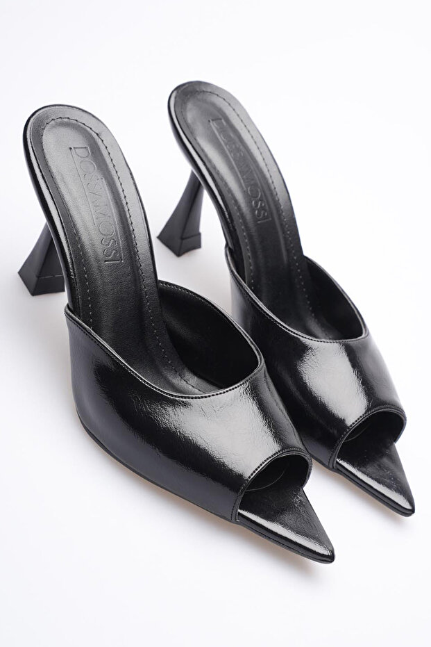 Black Matte Patent Leather 9 cm Heel Groya Pointed Toe Women's Slippers