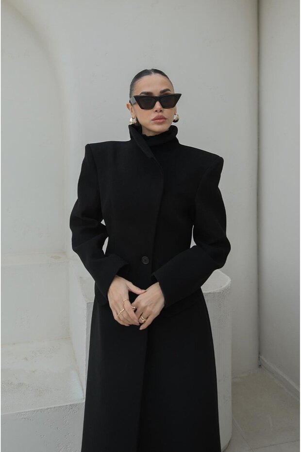 Black Single Button Stamp Coat - 5