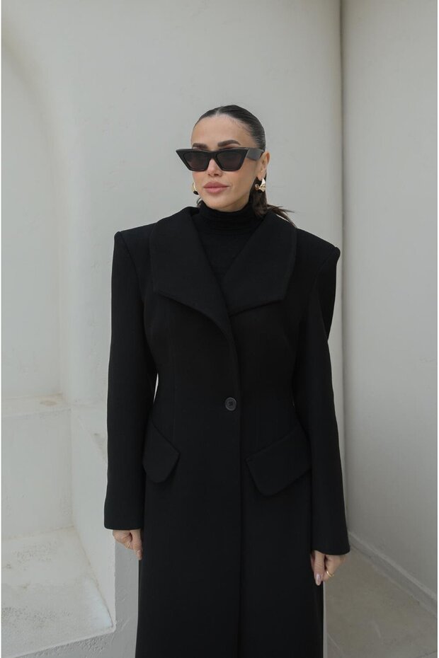 Black Single Button Stamp Coat - 2