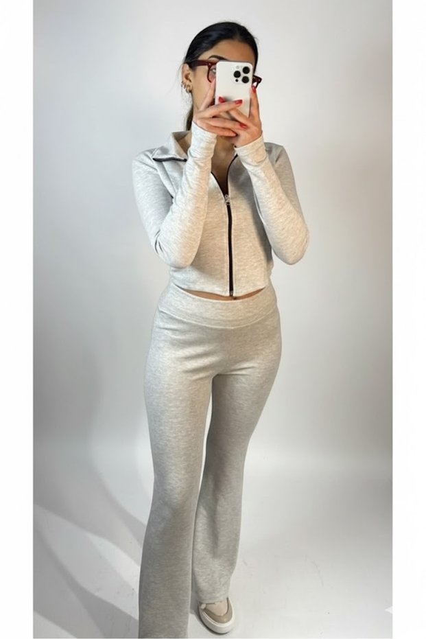Women's Gray High Waist Zippered Cropped Spanish Leg Sweatpants Set