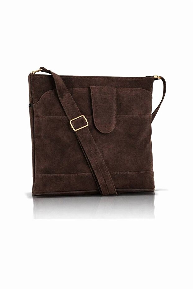 Genuine Suede Leather Women's Bag with Gold Detail and Cross Strap