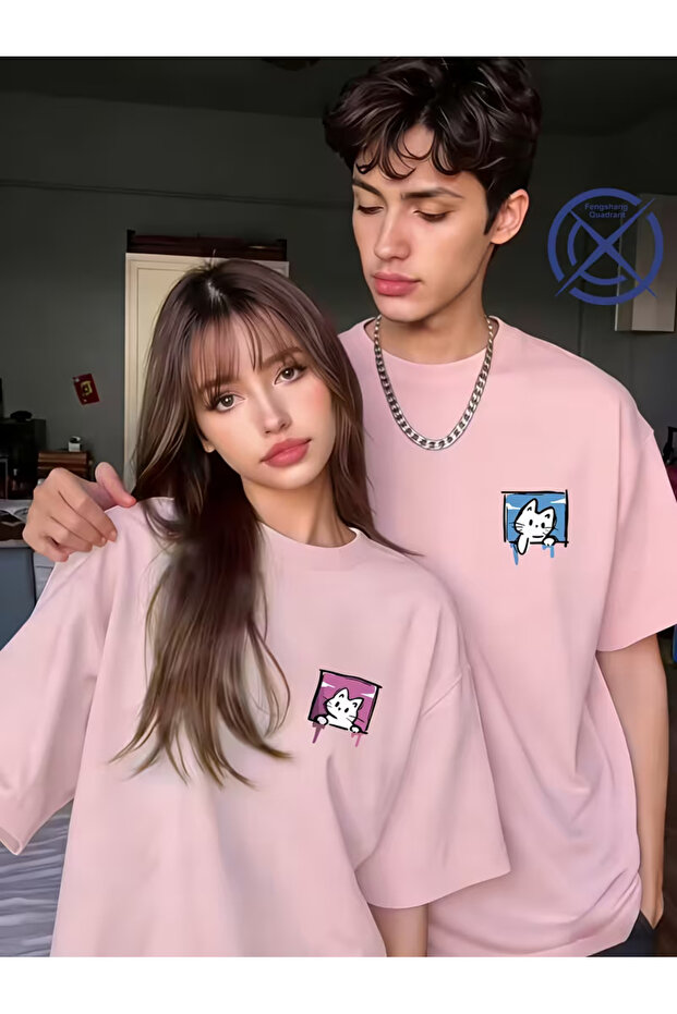 Unisex Cute Cat Front Printed Lover Couple Combination Design Oversize T-Shirt Set of 2