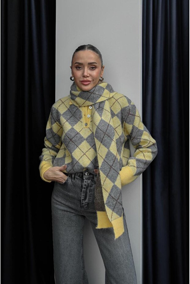 Yellow Shawl and Diamond Patterned Polo Collar Sweater