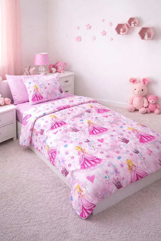 Pink Dreams Princess | Single Duvet Cover Set with Cotton Elastic Sheets | Sleeping Set | Girl Child