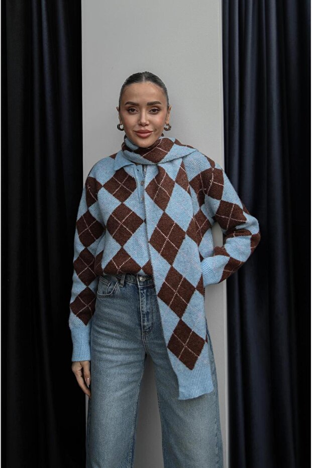 Blue Shawl and Diamond Patterned Polo Collar Sweater