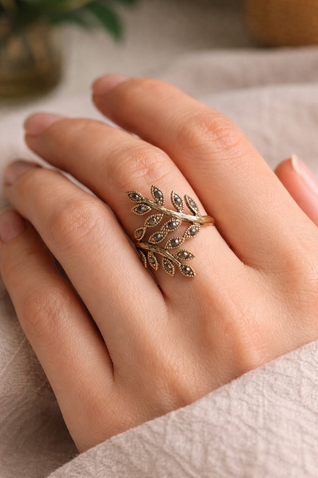 Antique-Looking Marcasite Stone Bronze Ring - Does Not Tarnish -