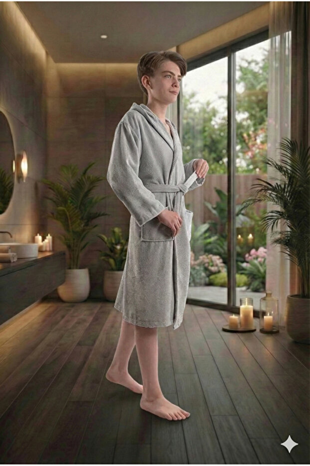 Hooded Young Waiter Unisex Velvet Cotton Bathrobe with Pockets