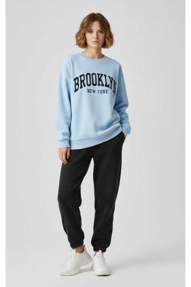 Unisex/Men's Brooklyn Printed Baby Blue Crew Neck Sweatshirt - Premium Fabric