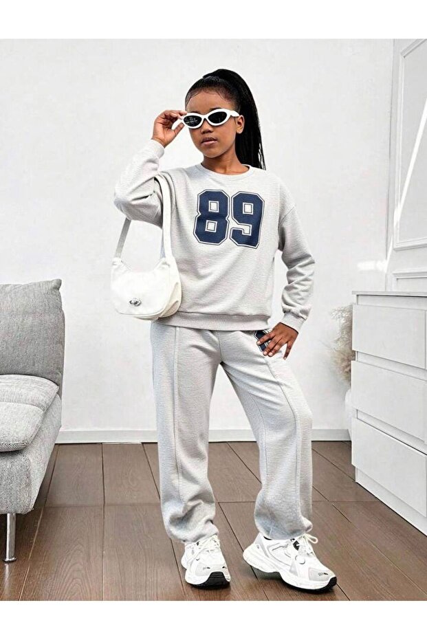 Girls/Adults Crewneck Sweatshirt and Stitched Loose-Leg Tracksuit Set