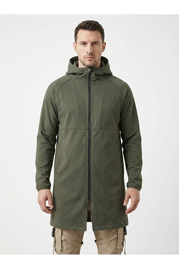 Men's Khaki Long Cut Hooded Outdoor Softshell Coat Water Repellent Windbreaker Parka