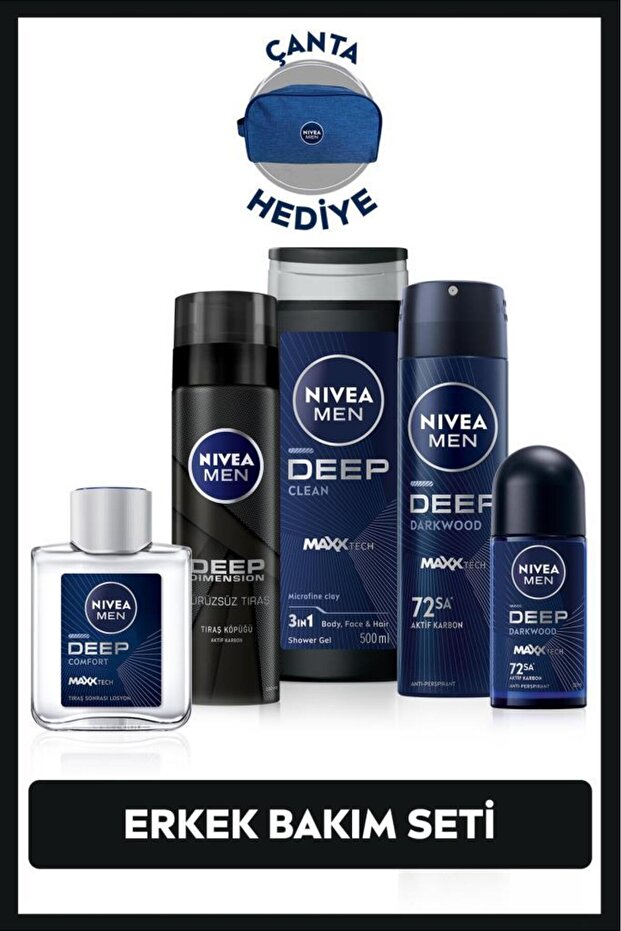 NIVEA MEN Erkek Damat Çeyiz Seti, Duş Jeli, Deodorant 150 ml, Roll-on,Tıraş Köpüğü, Losyon ve Çanta Hediye