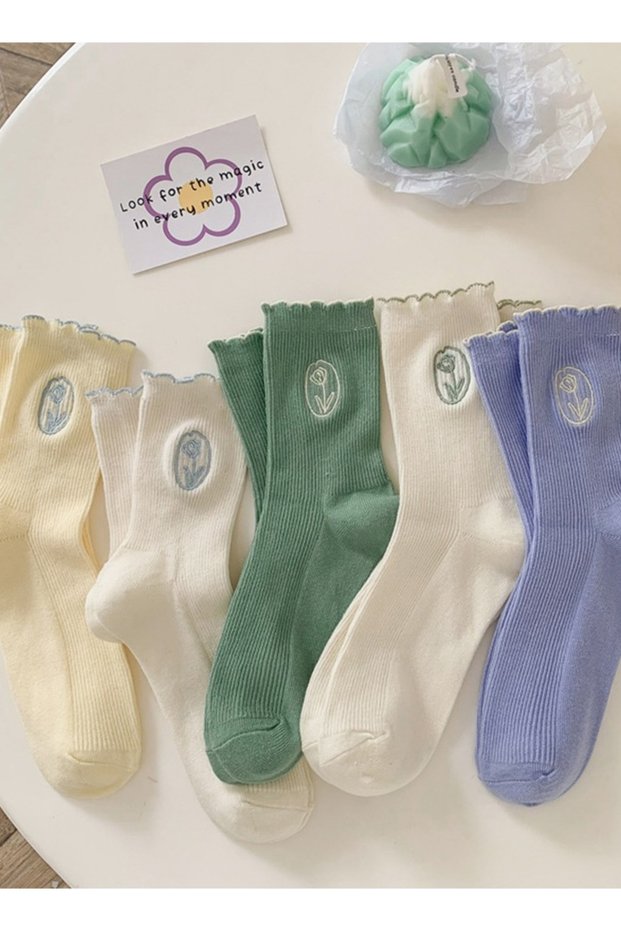 Pair of 5 New Korean Style Spring and Autumn Cotton Socks Cream Color Women's Socks Embroidered Tuli