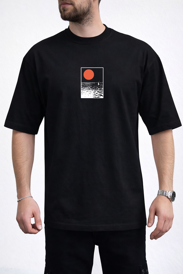 Men's Rising Sun and Sea Wave Black T-Shirt