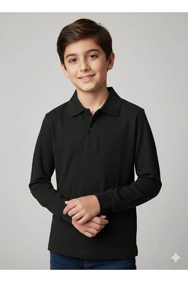 Polo Collar Black Long Sleeve School T-Shirt