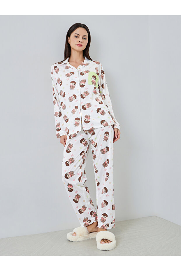 Women Cute Cartoon Print Shirt and Pyjama Set
