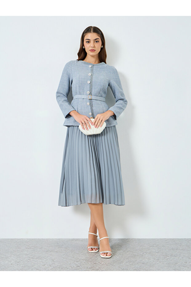 Women Blue Tweed Midi Dress with Belt