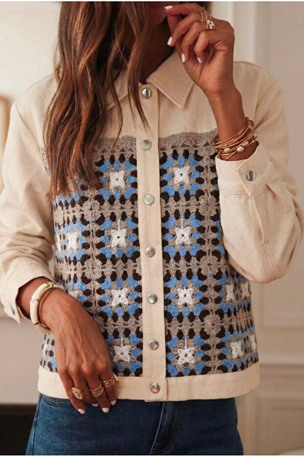 Women's Crochet Gabardine Jacket with Snap Buttons