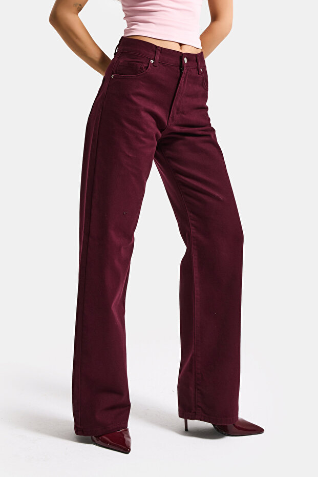 Women's Burgundy Color Lora 7S6-35 Loose Fit 100% Cotton Denim Jean