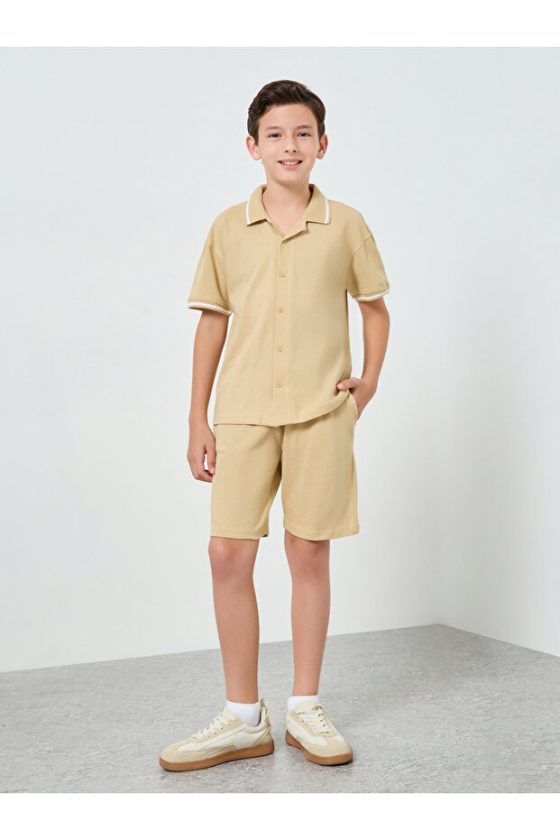 Boys Beige Cotton Knit Shirt and Shorts Set