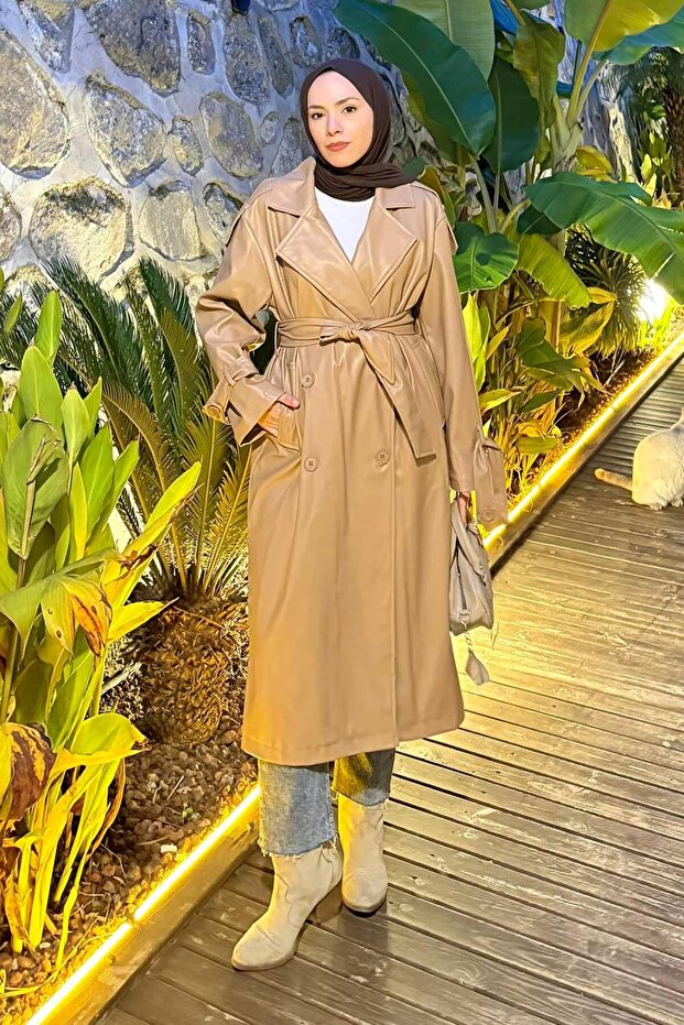 Leather Trench Coat with Shoulder Epaulettes, Milk Coffee Color