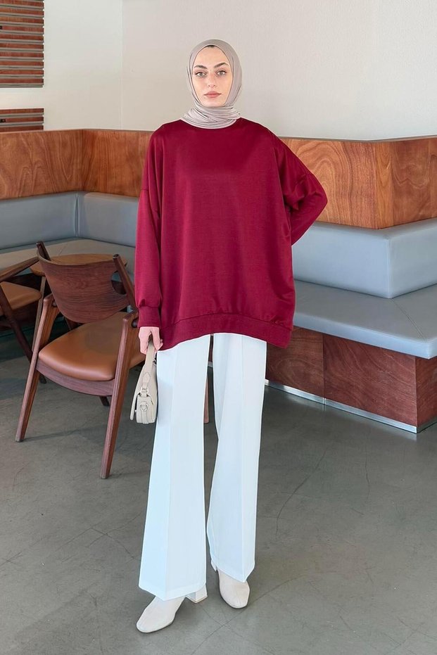 Balloon Sleeves, Collar and Hem Cuffs, Loose Sweatshirt in Burgundy