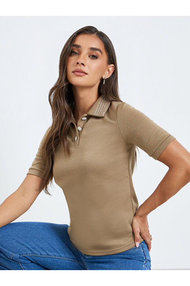 Women Beige Embellished Collar Polo T-Shirt