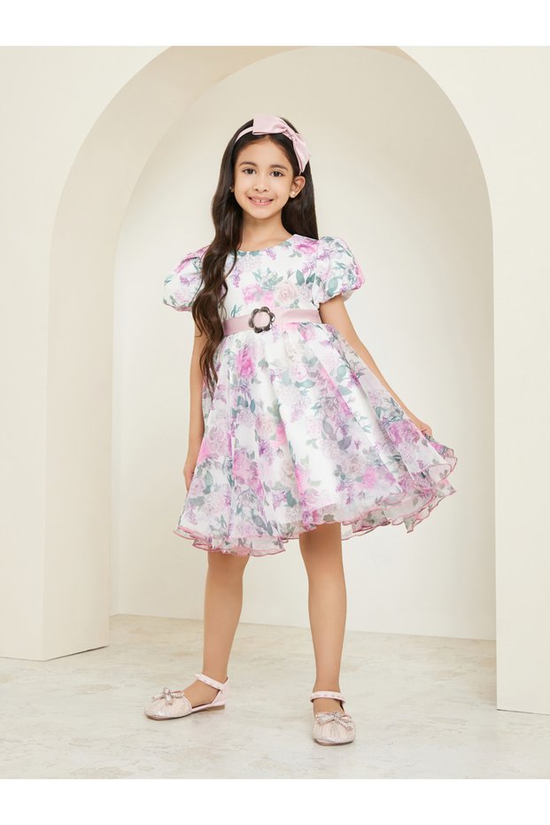 Girls Floral Printed Puff Sleeve Dress with Bow Headband