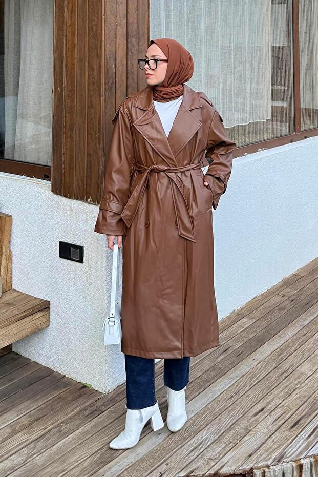 Shoulder Epaulettes Leather Trench Coat Bitter Brown