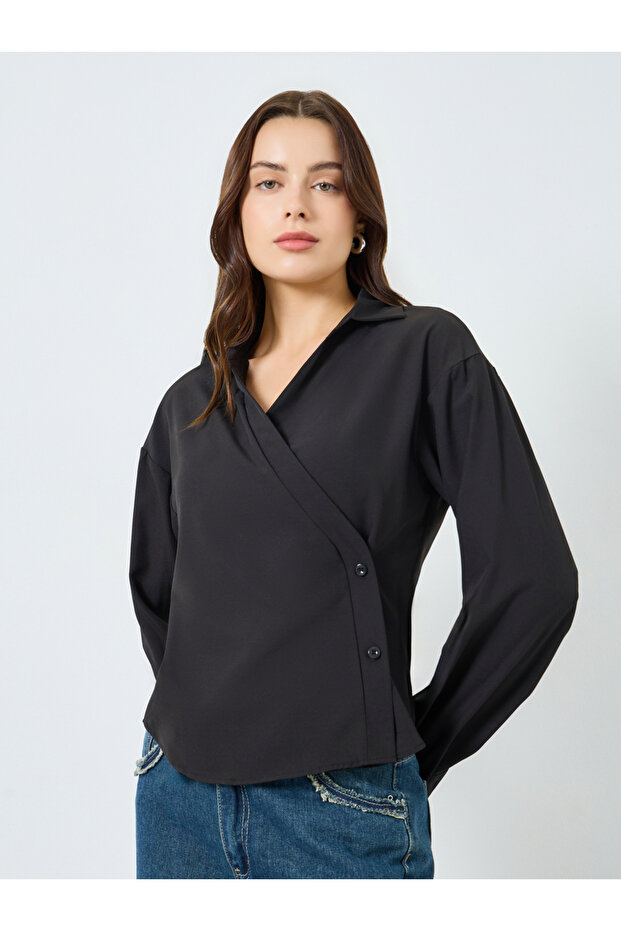 Women Black Asymmetrical Buttons Long Sleeve Shirt