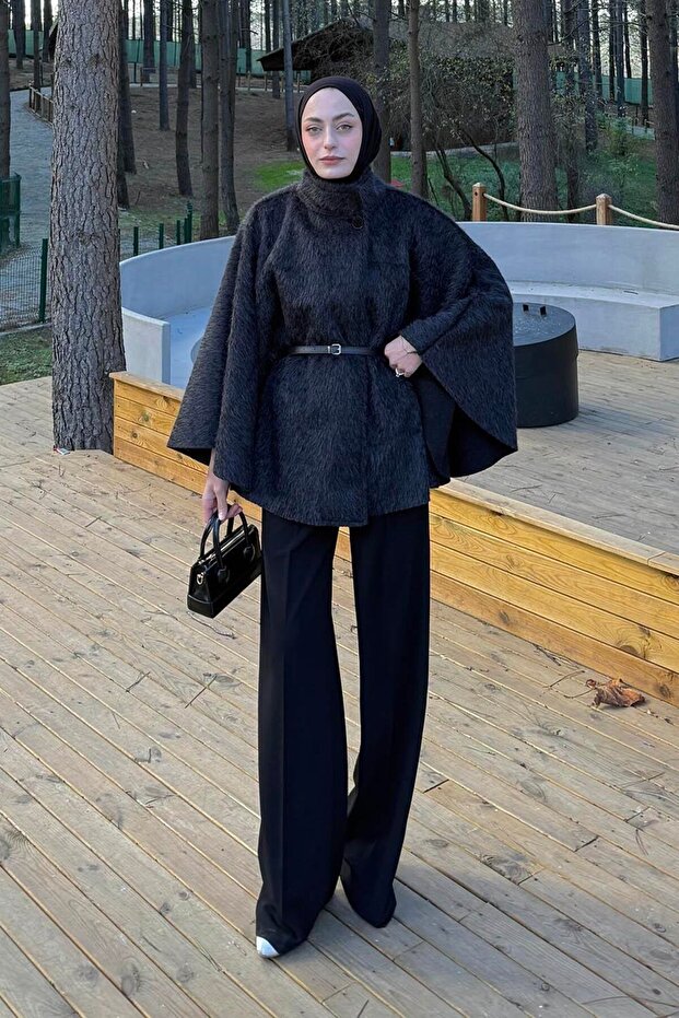 Buttoned Belted Poncho Black