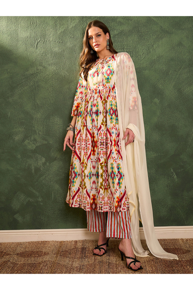 Women Red Printed Cotton Kurta with Pants and Dupatta Set