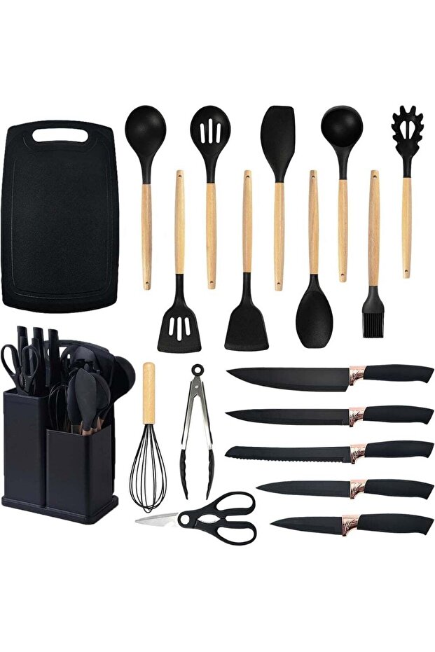 Premium 19Pcs Silicone Kitchen Utensil Set Featuring Wooden Handle Design, Non Scratch Cooking Tools