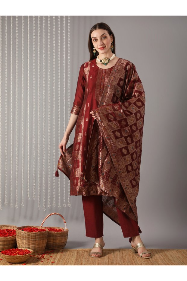 Women Maroon Ethnic Print Embroidered Straight Kurta with Pant and Dupatta Set