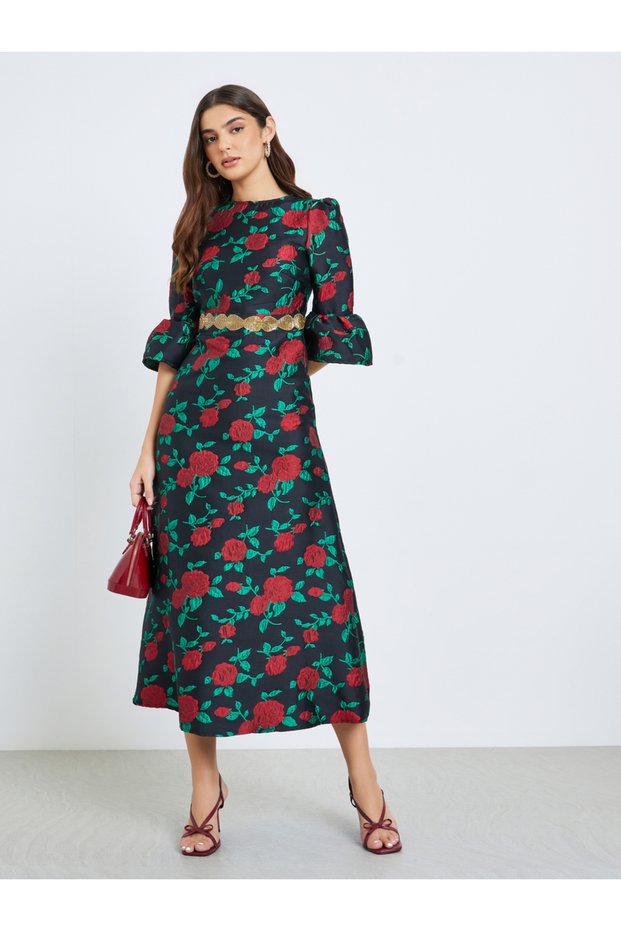 Women Black Floral Print Embellished Midi Dress